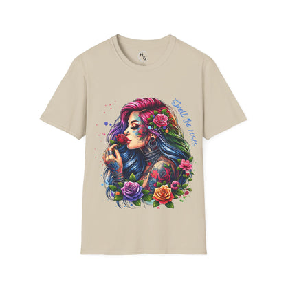 Beige t-shirt with a colorful graphic of a woman with flowers and text on a white background