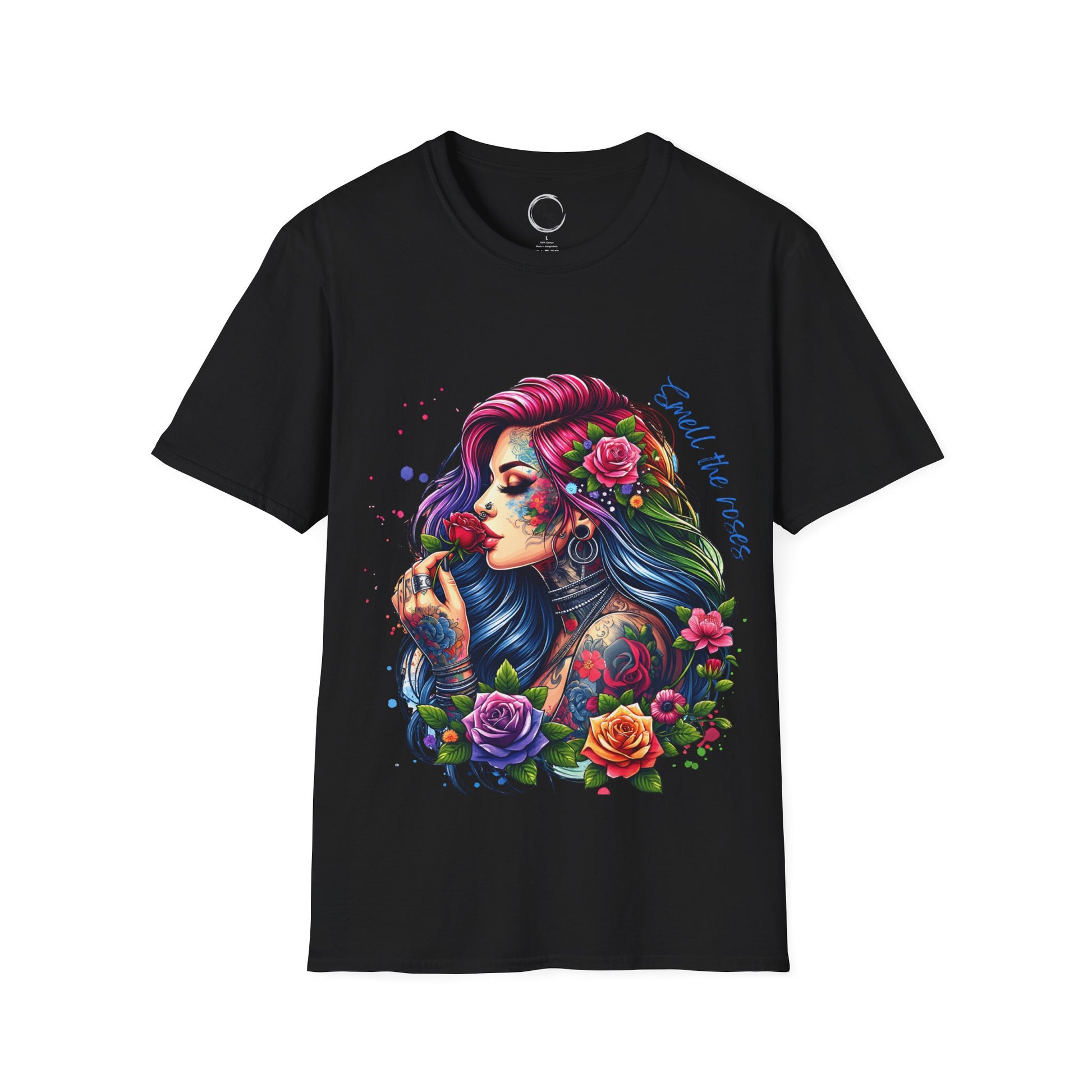 Black t-shirt with a colorful graphic of a woman with tattoos and flowers on a white background