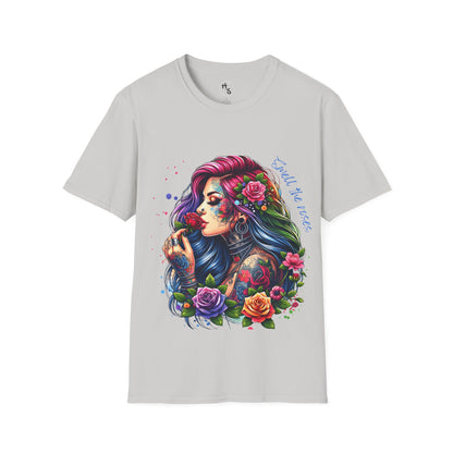 Gray t-shirt with a colorful graphic of a woman with tattoos and flowers on a white background