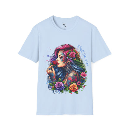 Light blue t-shirt with a colorful graphic of a woman with tattoos and flowers on a white background