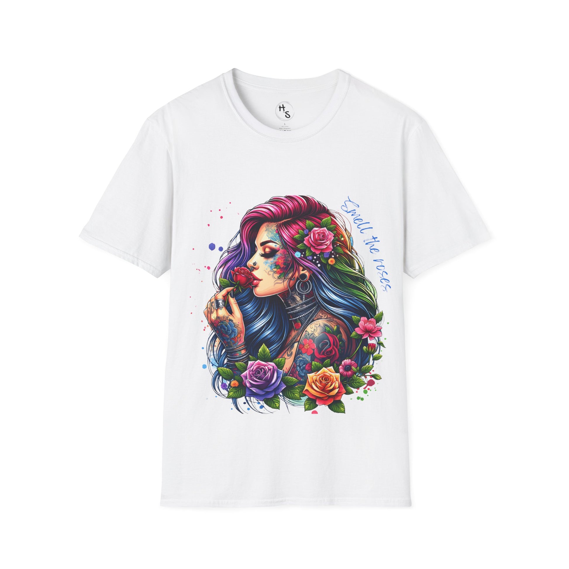 White t-shirt with a colorful graphic of a woman with tattoos and flowers on a white background