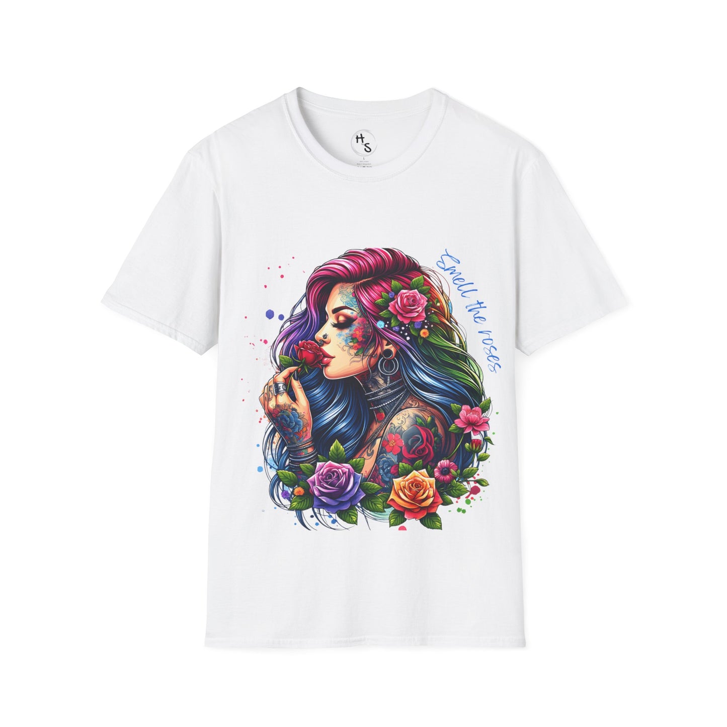 White t-shirt with a colorful graphic of a woman with flowers in her hair on a white background