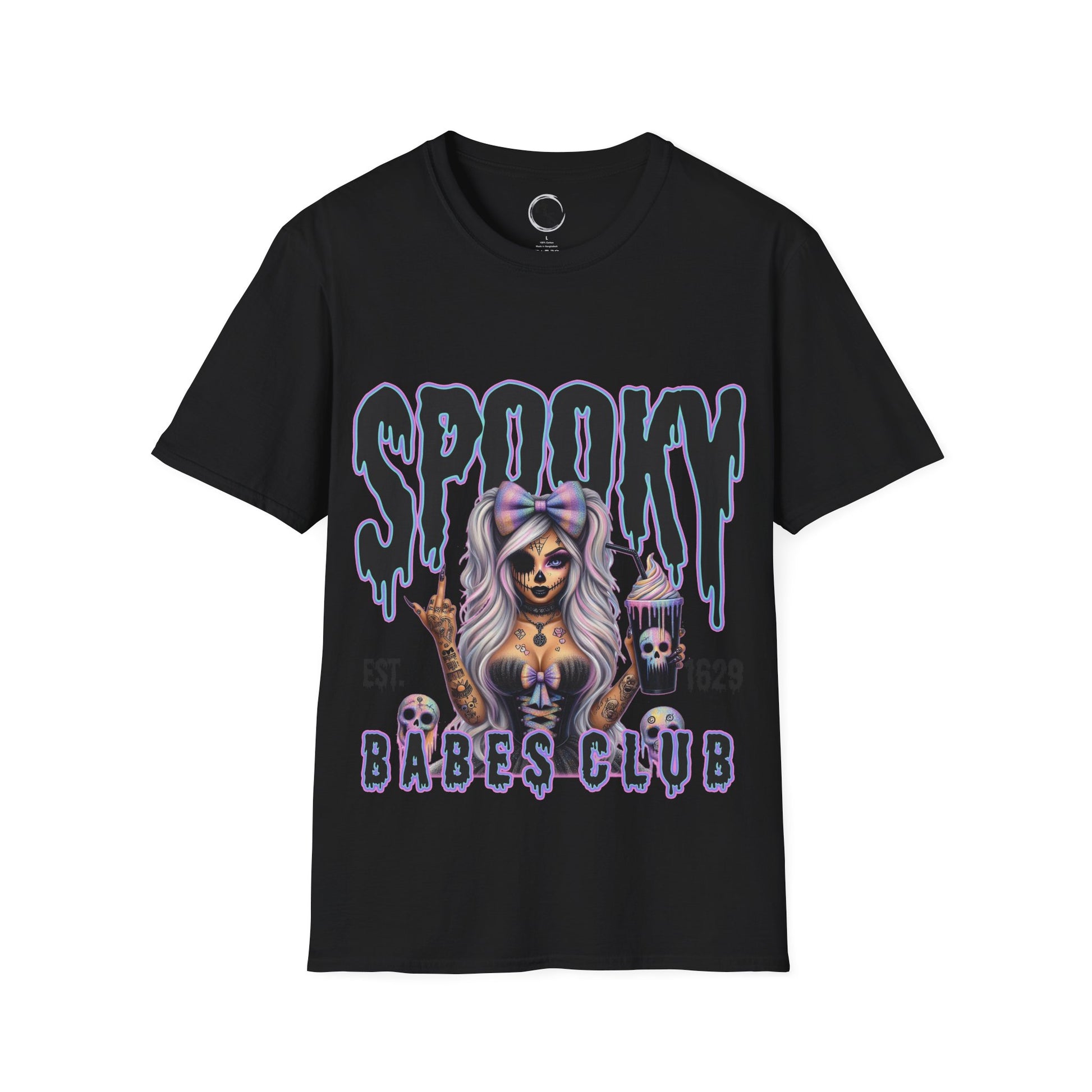 Black t-shirt with a graphic design of a woman and text 'Spooky Babes Club' on a black background