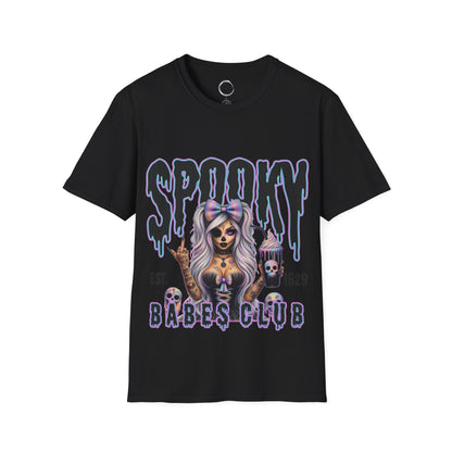 Black t-shirt with a graphic design of a woman and text 'Spooky Babes Club' on a black background