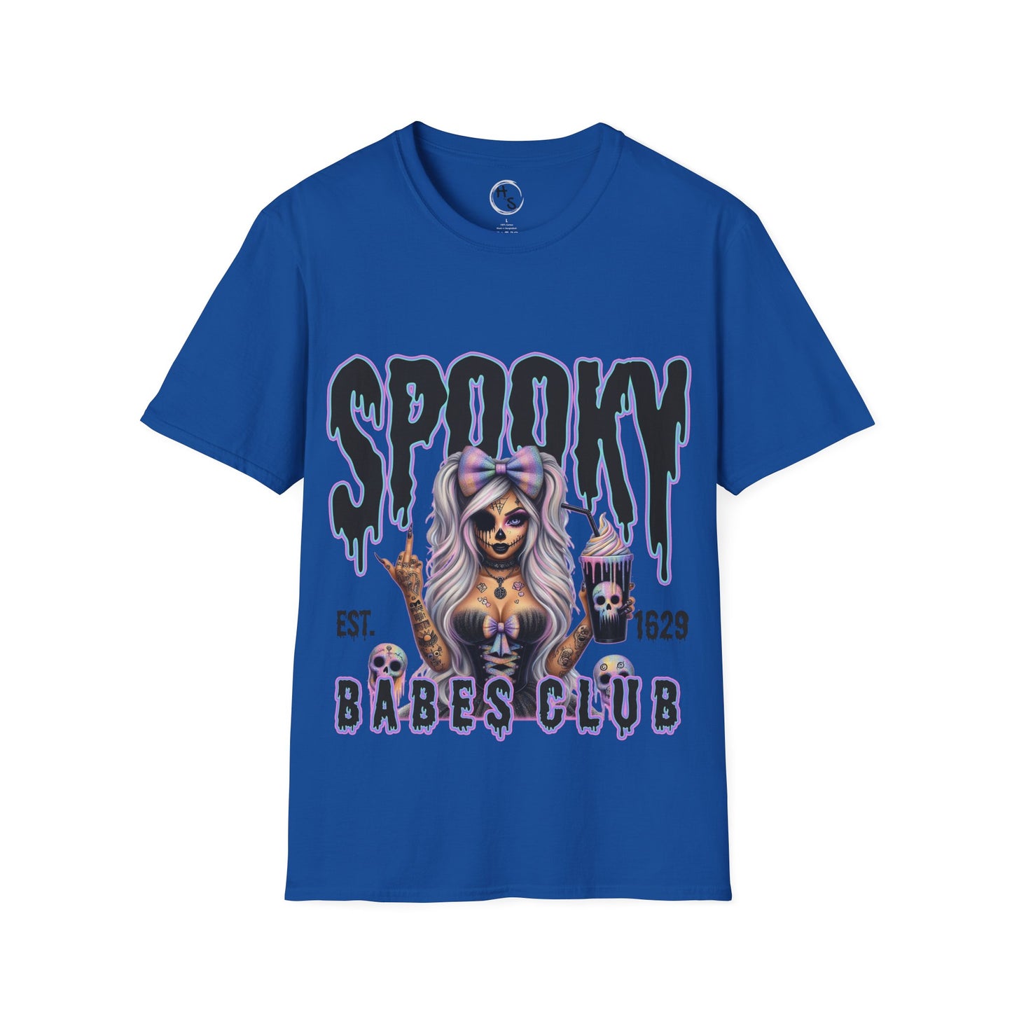 Blue t-shirt with a graphic design featuring a skeleton woman and text on a blue background