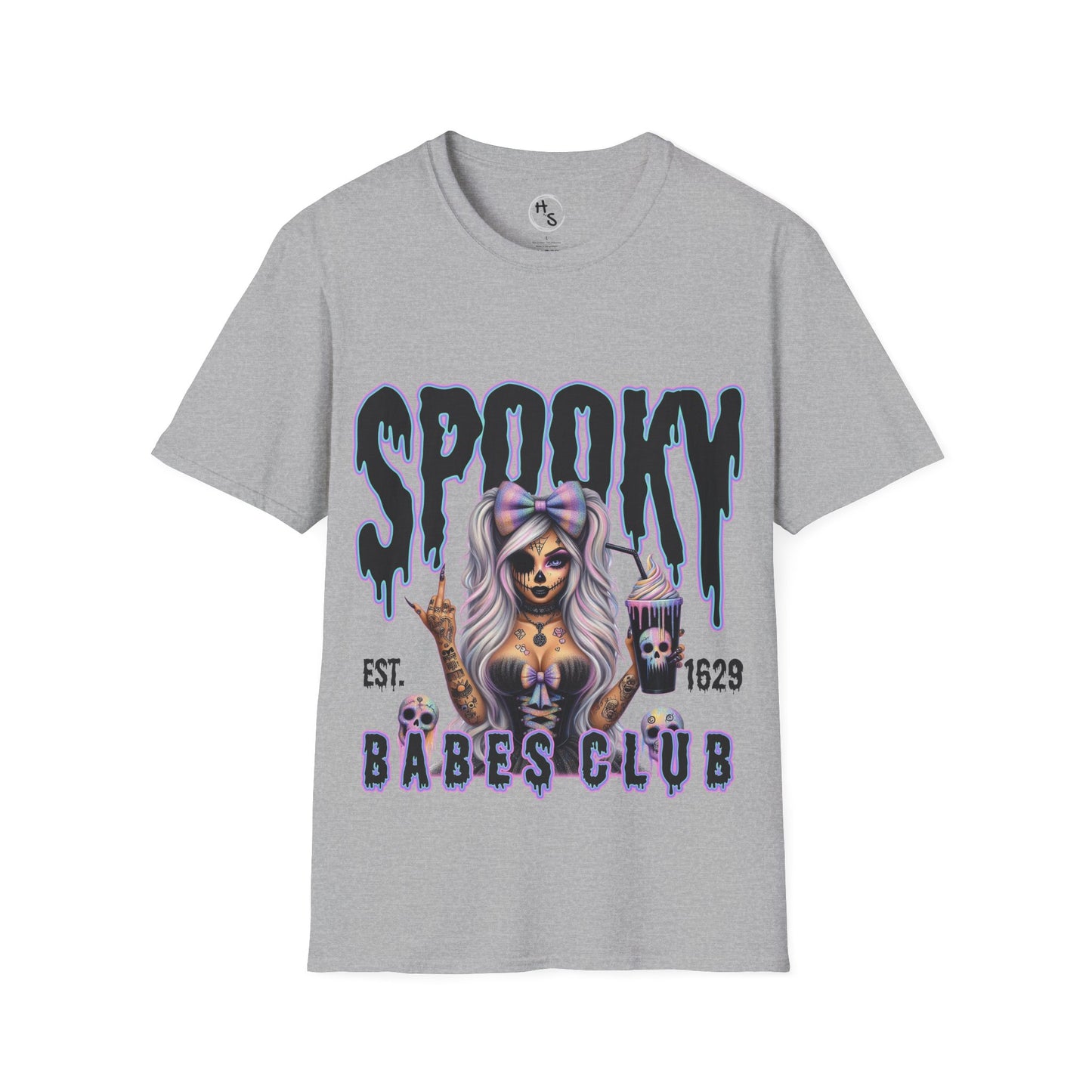 Gray t-shirt with a graphic design featuring a woman with a bow and the text 'Spooky Babes Club' on a grey background.
