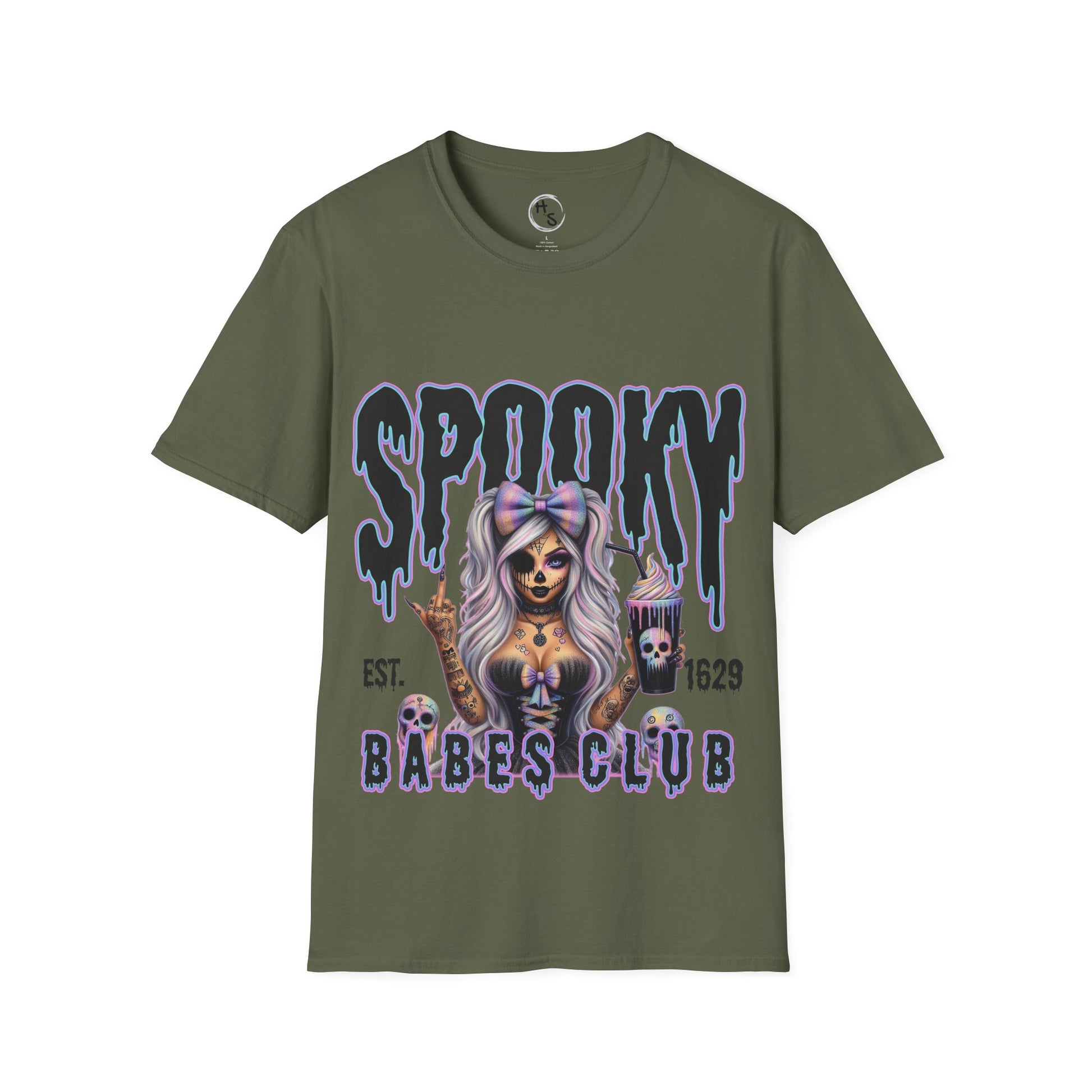 Green t-shirt with a graphic design of a woman and text 'Spooky Babes Club' on a green background