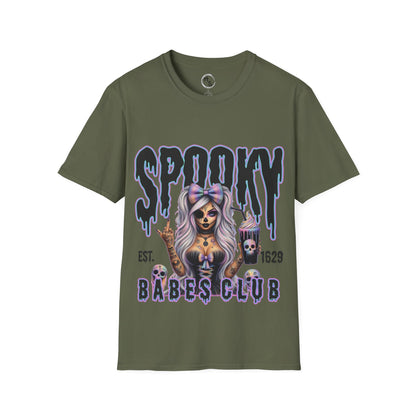 Green t-shirt with a graphic design of a woman and text 'Spooky Babes Club' on a green background