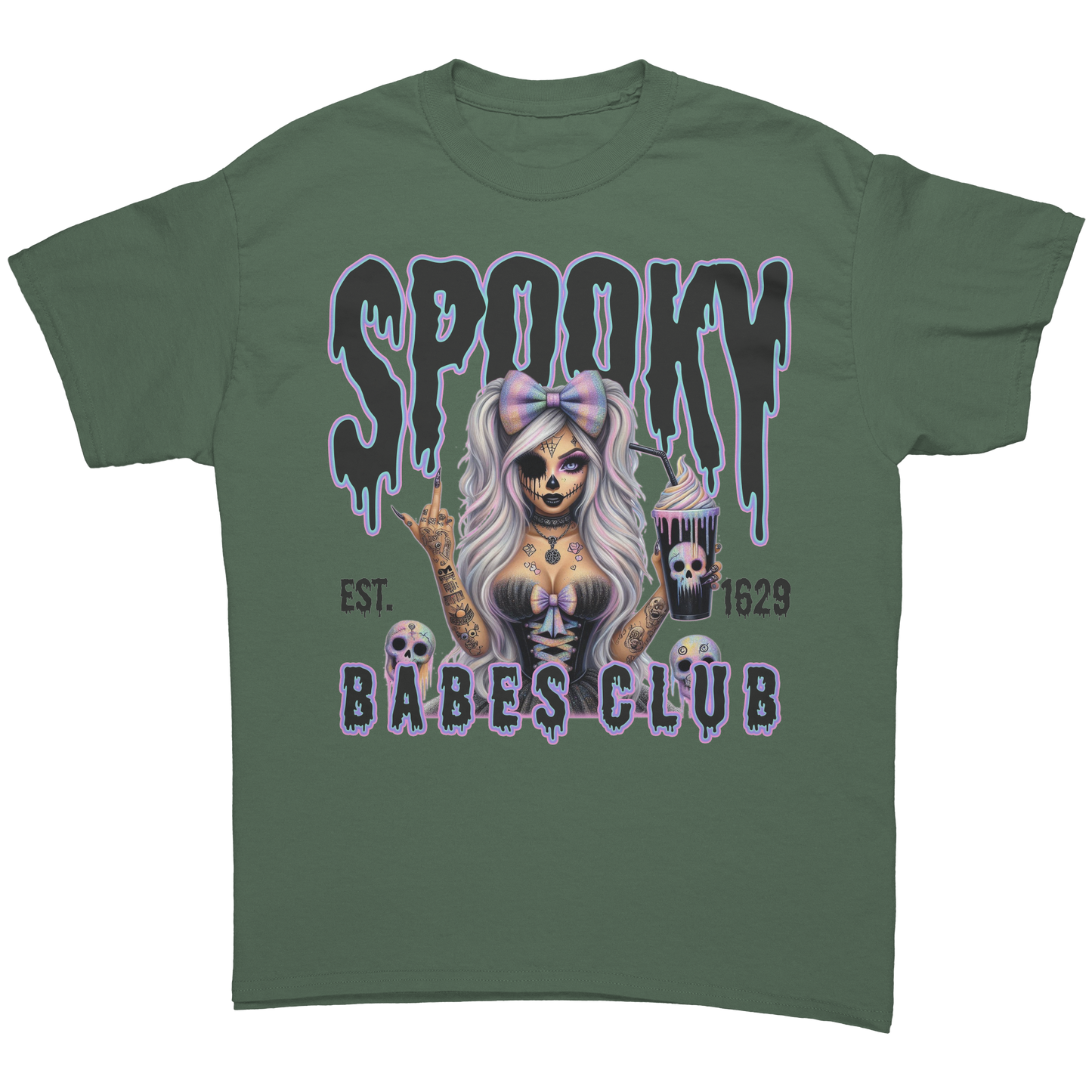 Spooky_Babes_Club_T-Shirt_Military_Green_Front_Mockup.png
