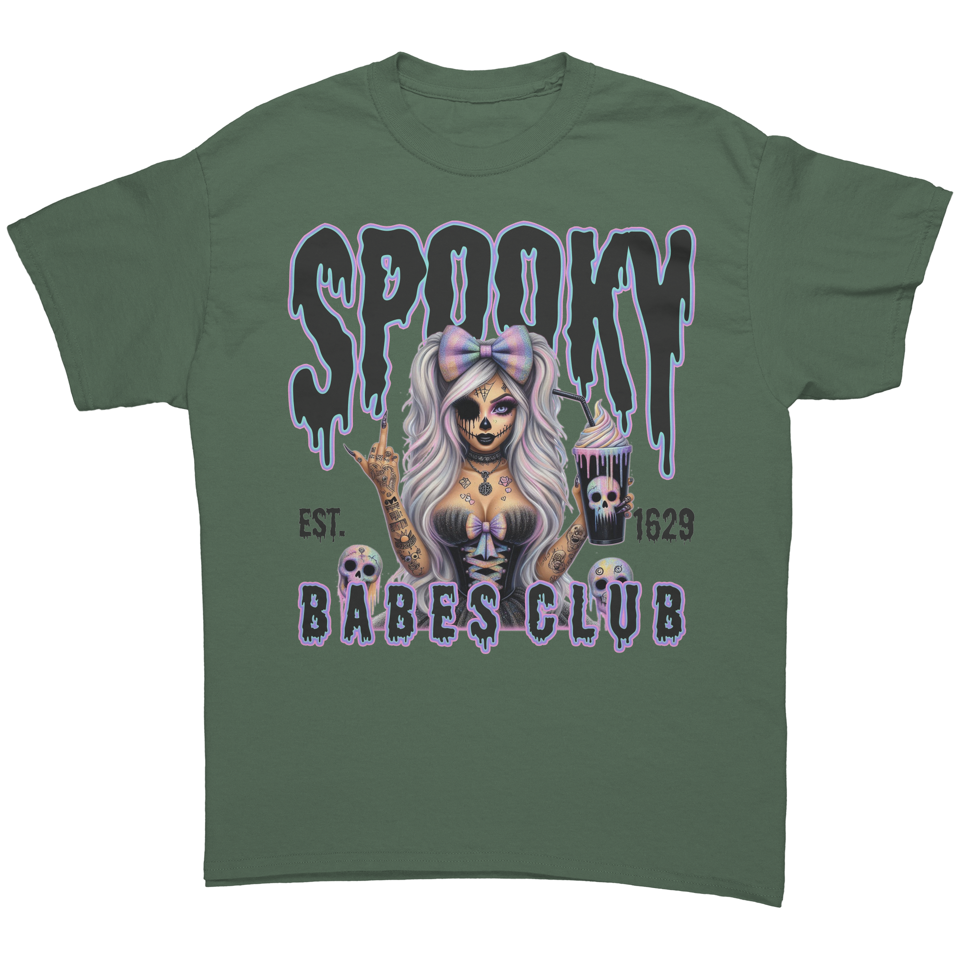 Spooky_Babes_Club_T-Shirt_Military_Green_Front_Mockup.png