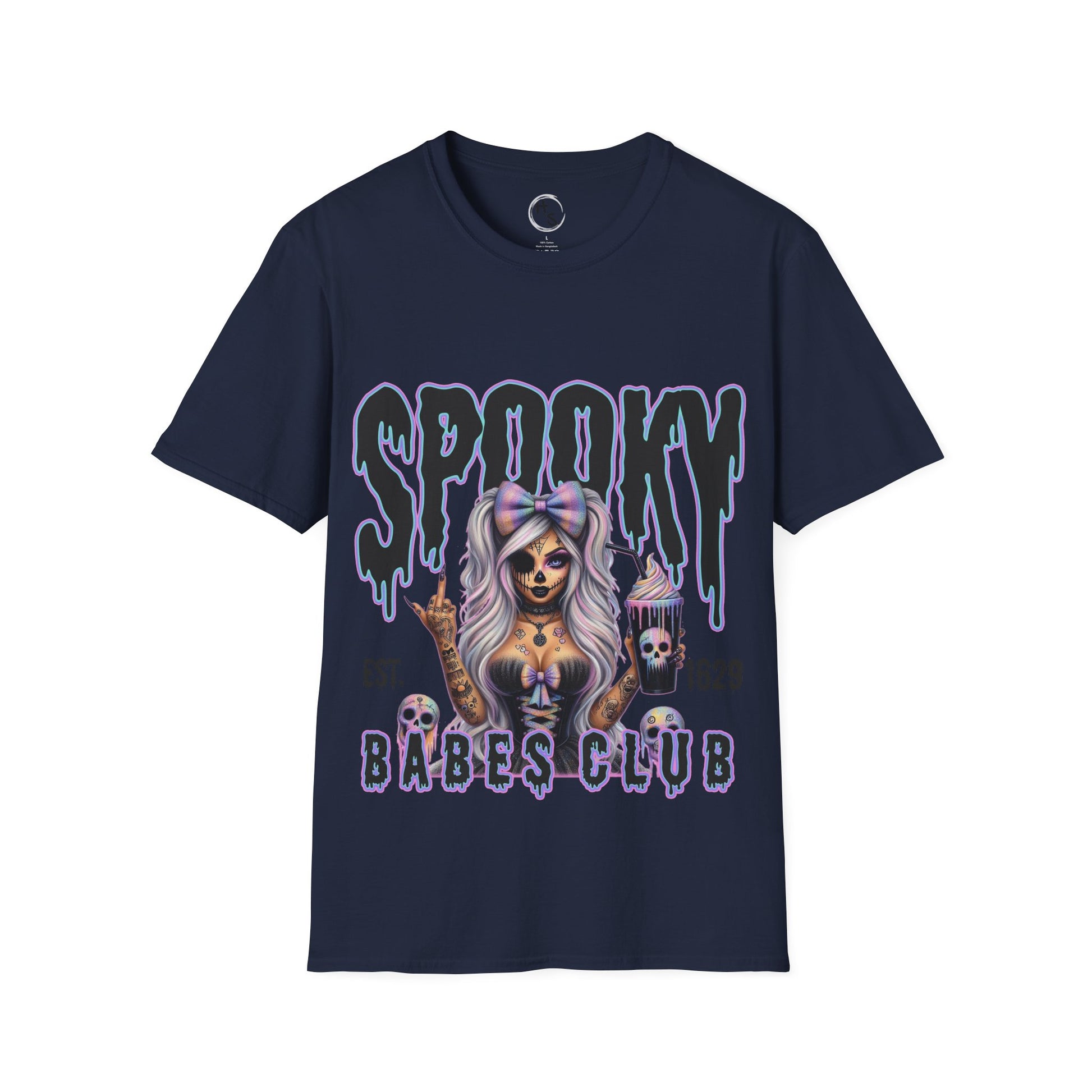 Navy blue t-shirt with 'Spooky Babes Club' graphic design on a navy background