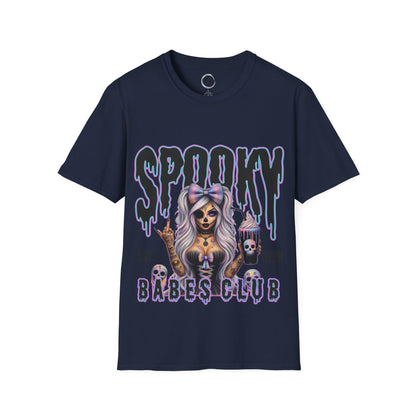 Navy blue t-shirt with 'Spooky Babes Club' graphic design on a navy background