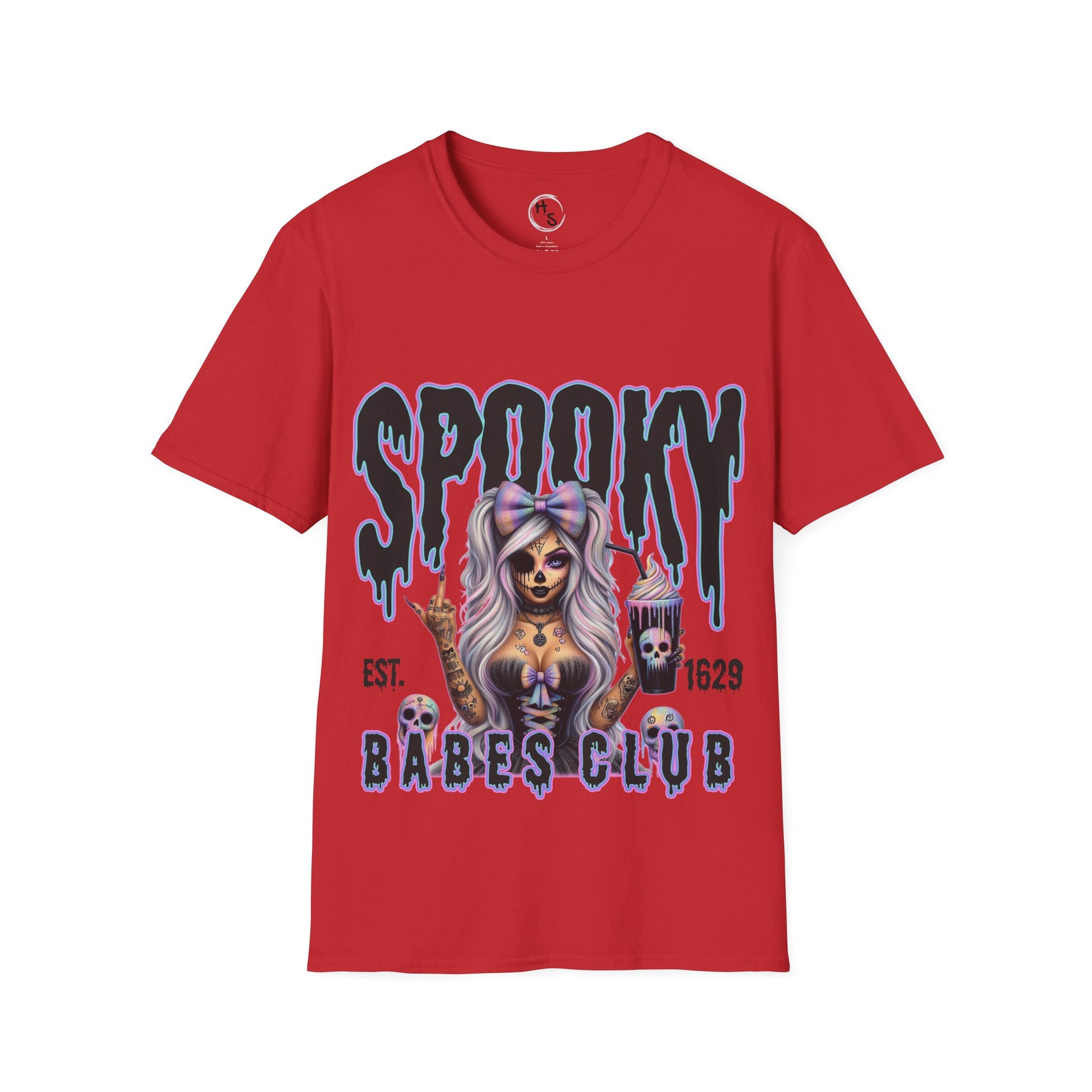 Red t-shirt with 'Spooky Babes Club' graphic design on a red background
