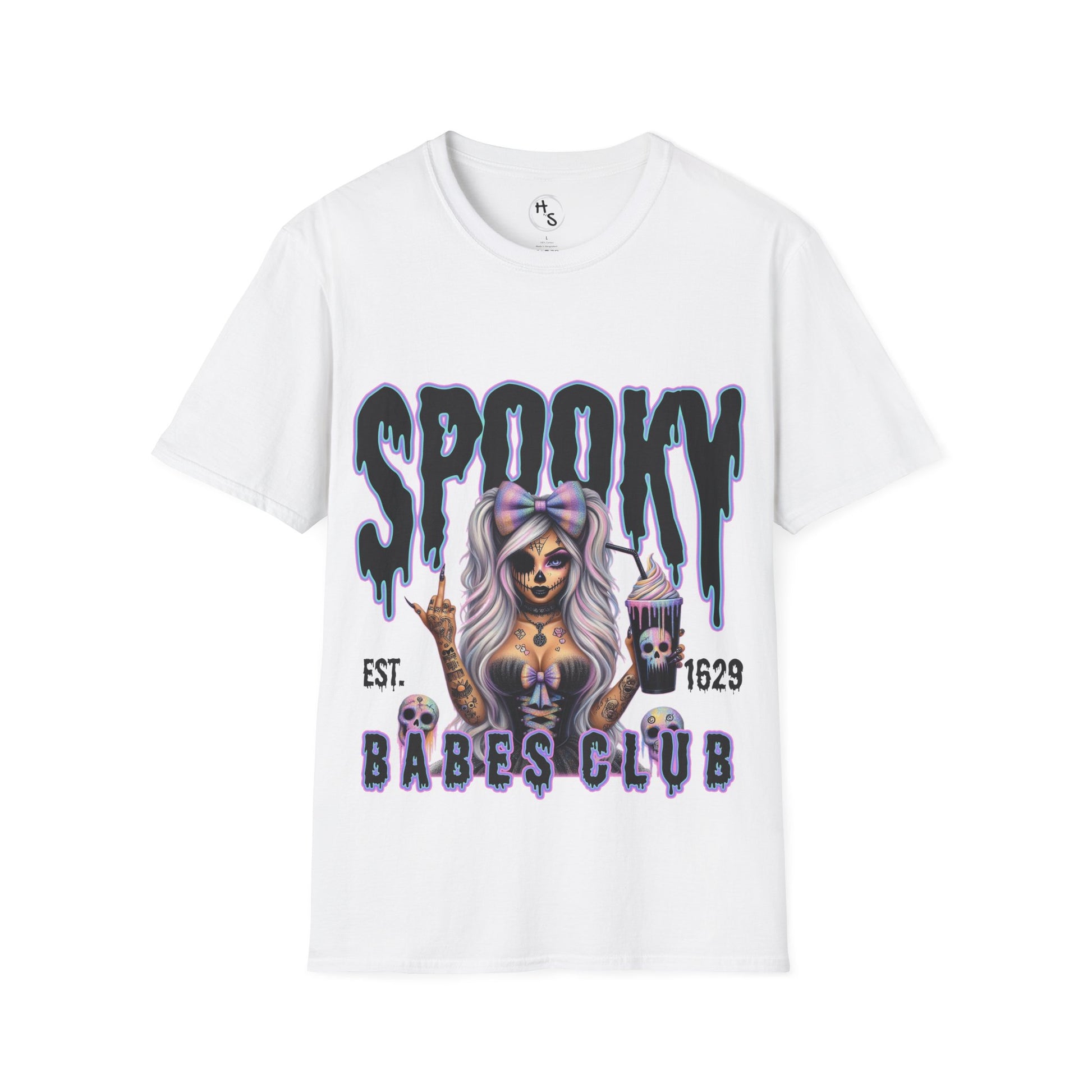 White t-shirt with a graphic design of a skeleton holding a milkshakeand text 'Spooky Babes Club' on a white background.