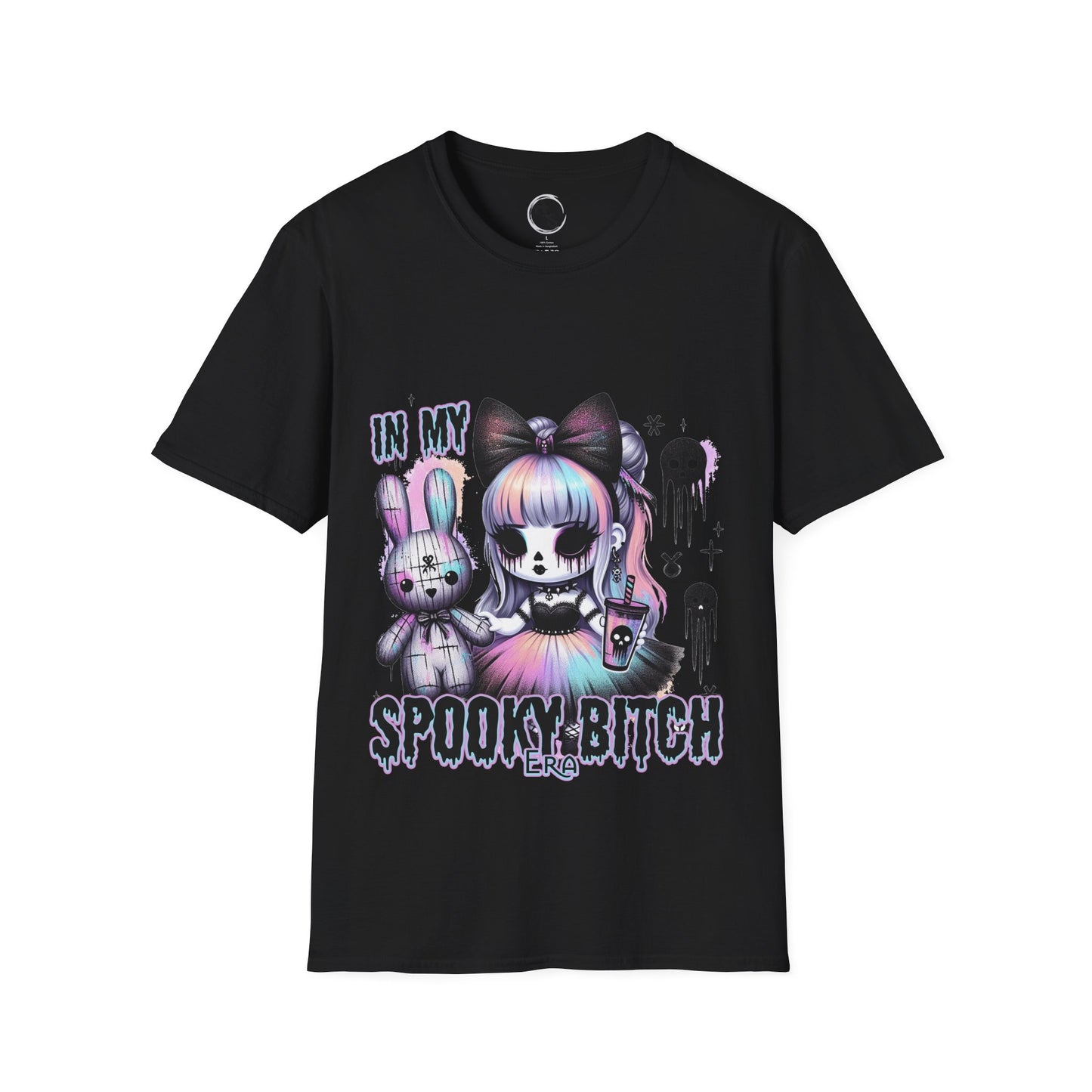 Black t-shirt with cartoon halloween characters and text on a black background