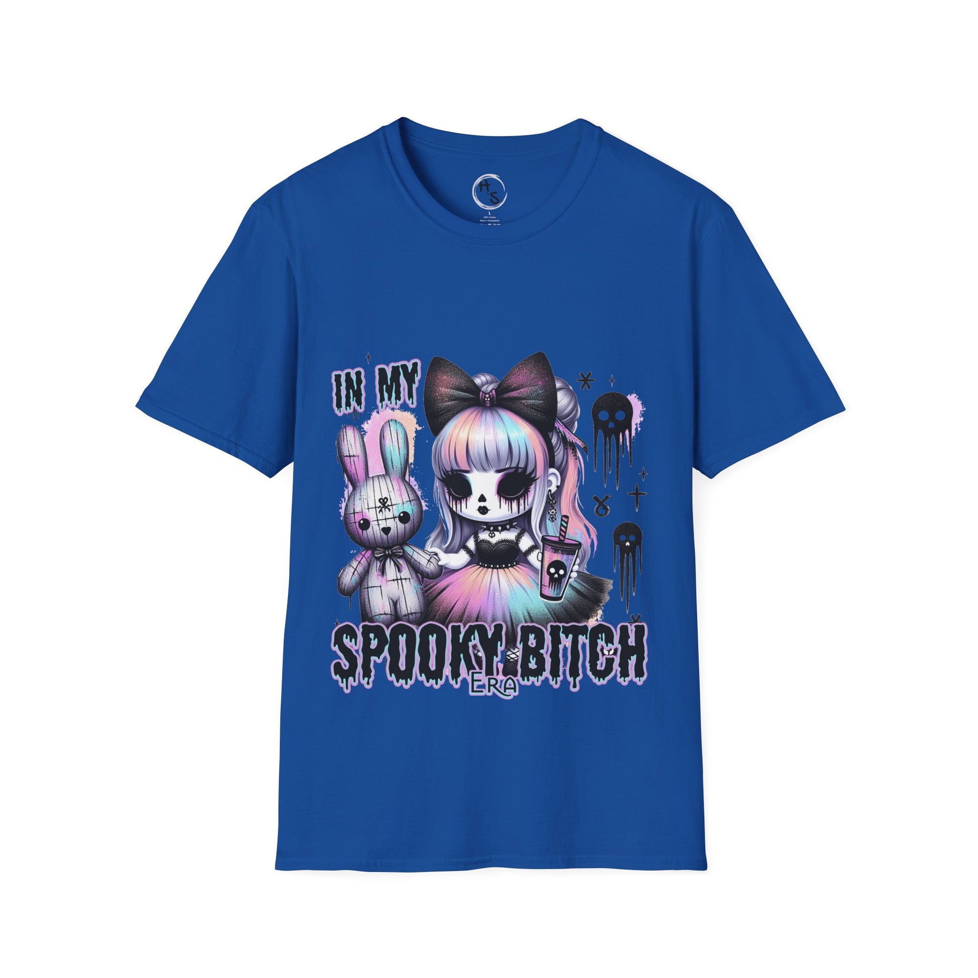 Blue t-shirt with halloween cartoon characters and text on a blue background