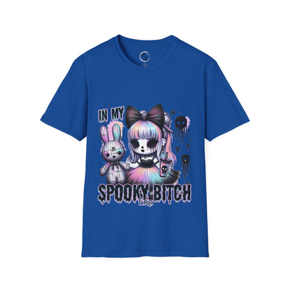Blue t-shirt with halloween cartoon characters and text on a blue background