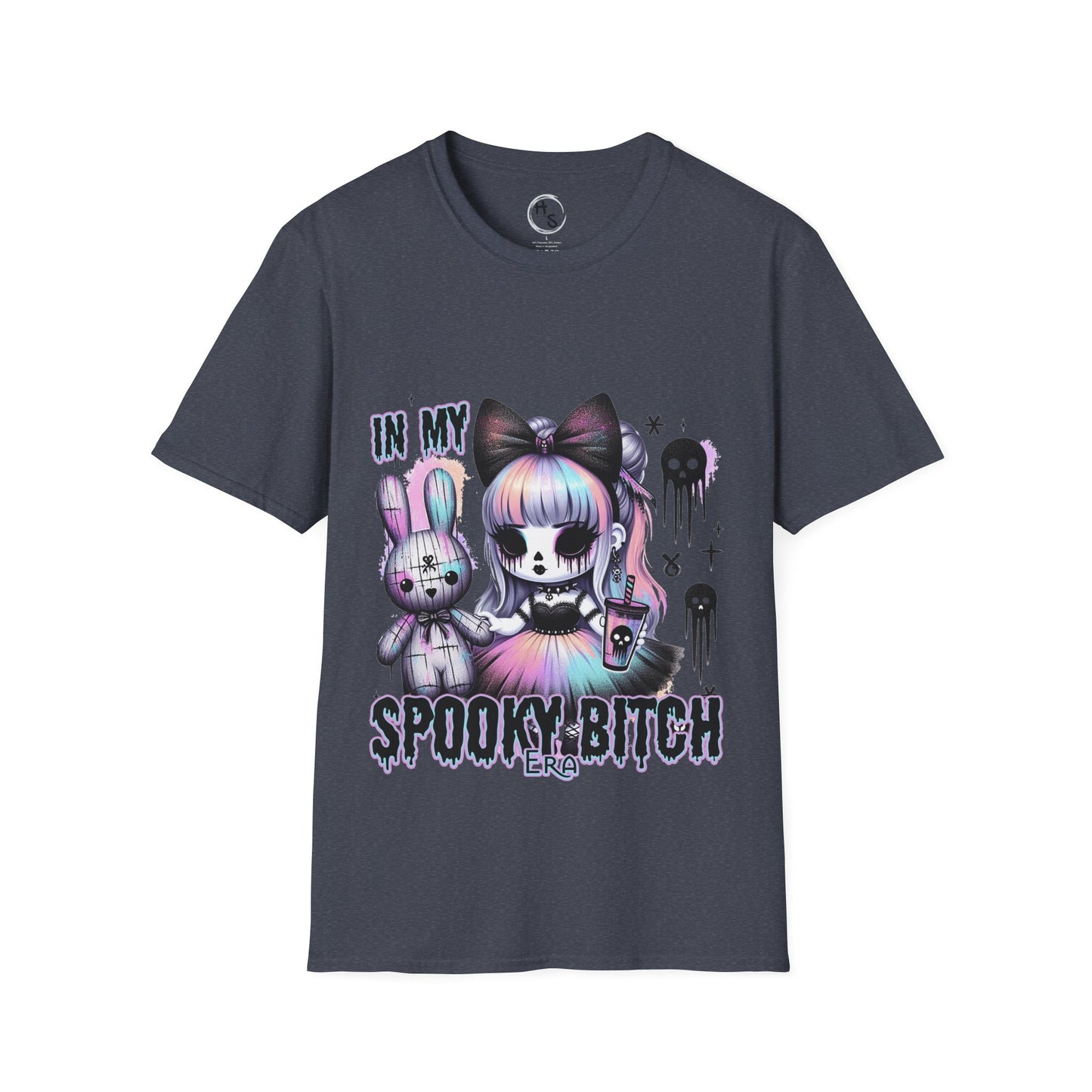 Gray t-shirt with halloween cartoon characters and text on a grey background