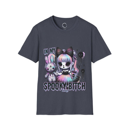 Gray t-shirt with halloween cartoon characters and text on a grey background