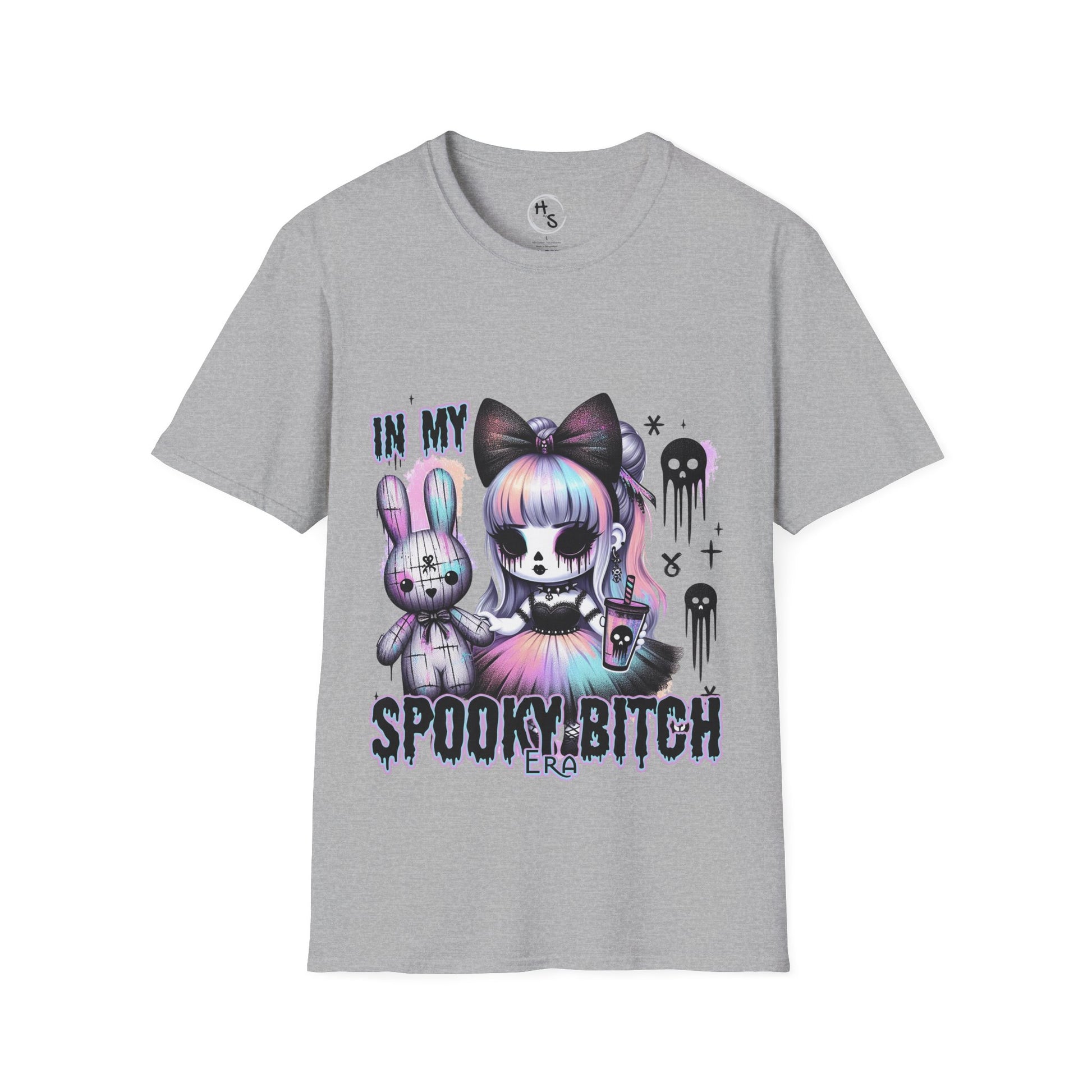 Gray t-shirt with a graphic design featuring a halloween character and text on a grey background