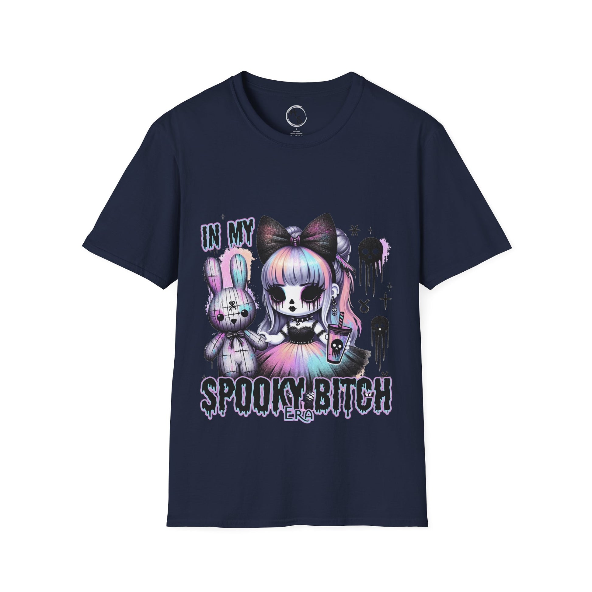 Navy blue t-shirt with halloween cartoon characters and text on a navy background