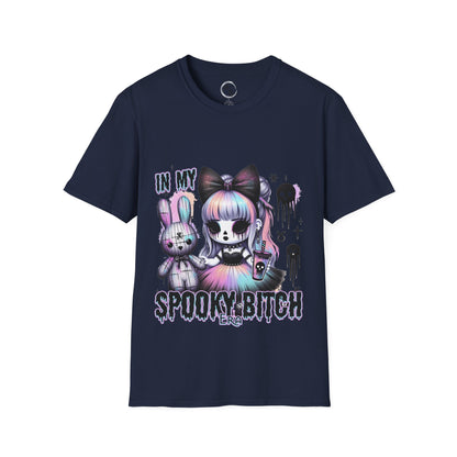 Navy blue t-shirt with halloween cartoon characters and text on a navy background