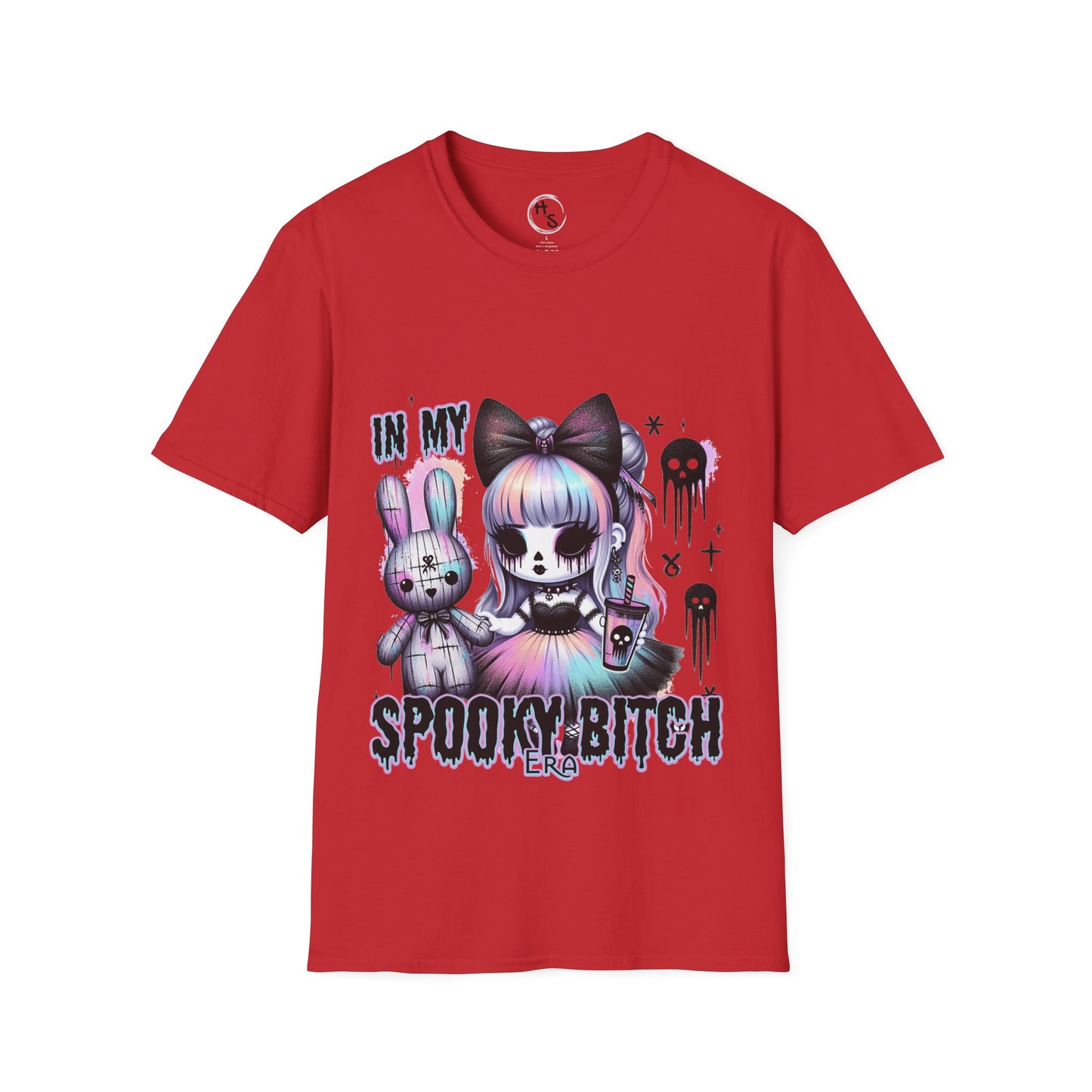 Red t-shirt with a graphic design featuring halloween cartoon characters and text on a red background