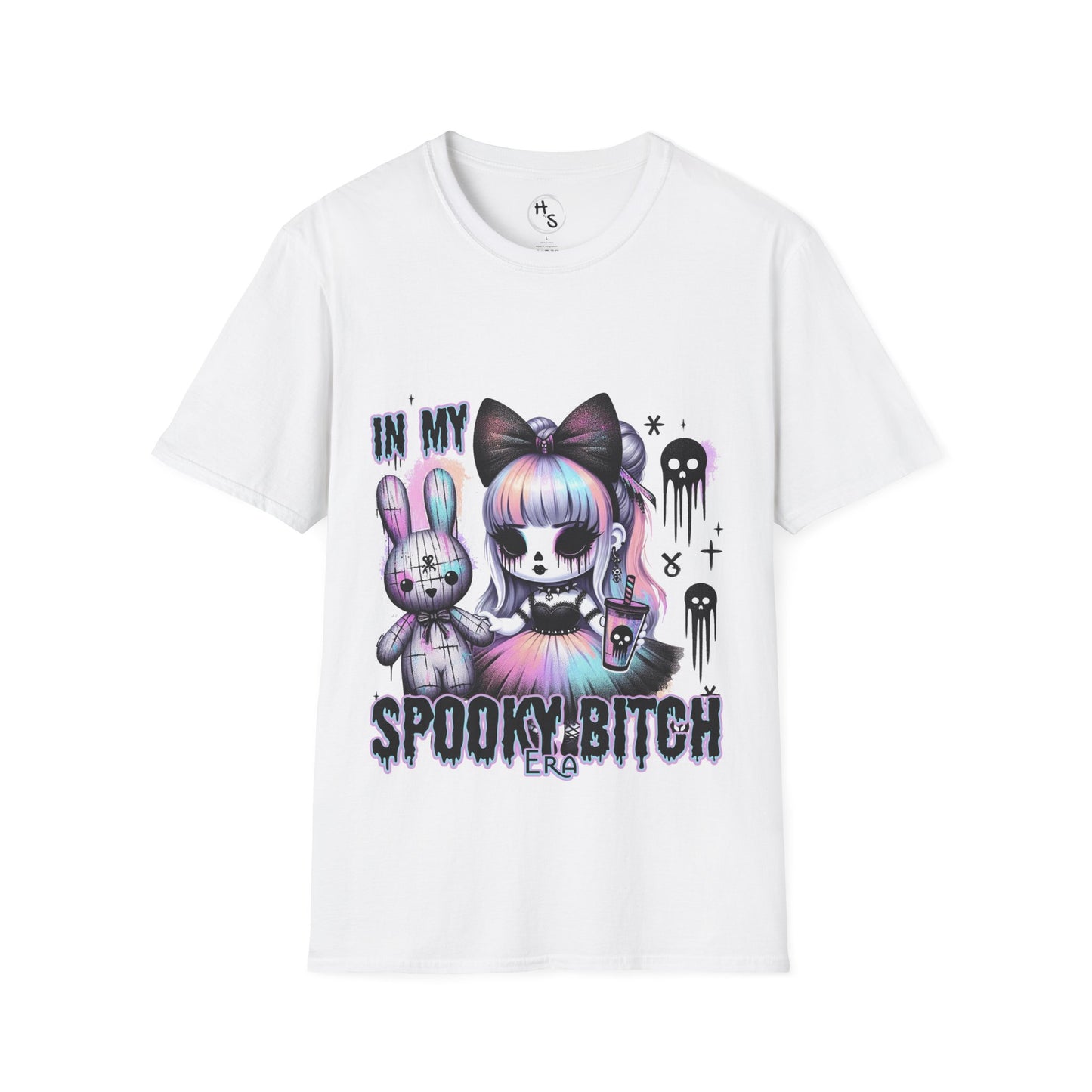 White t-shirt with a halloweem graphic design featuring a character and text on a white background