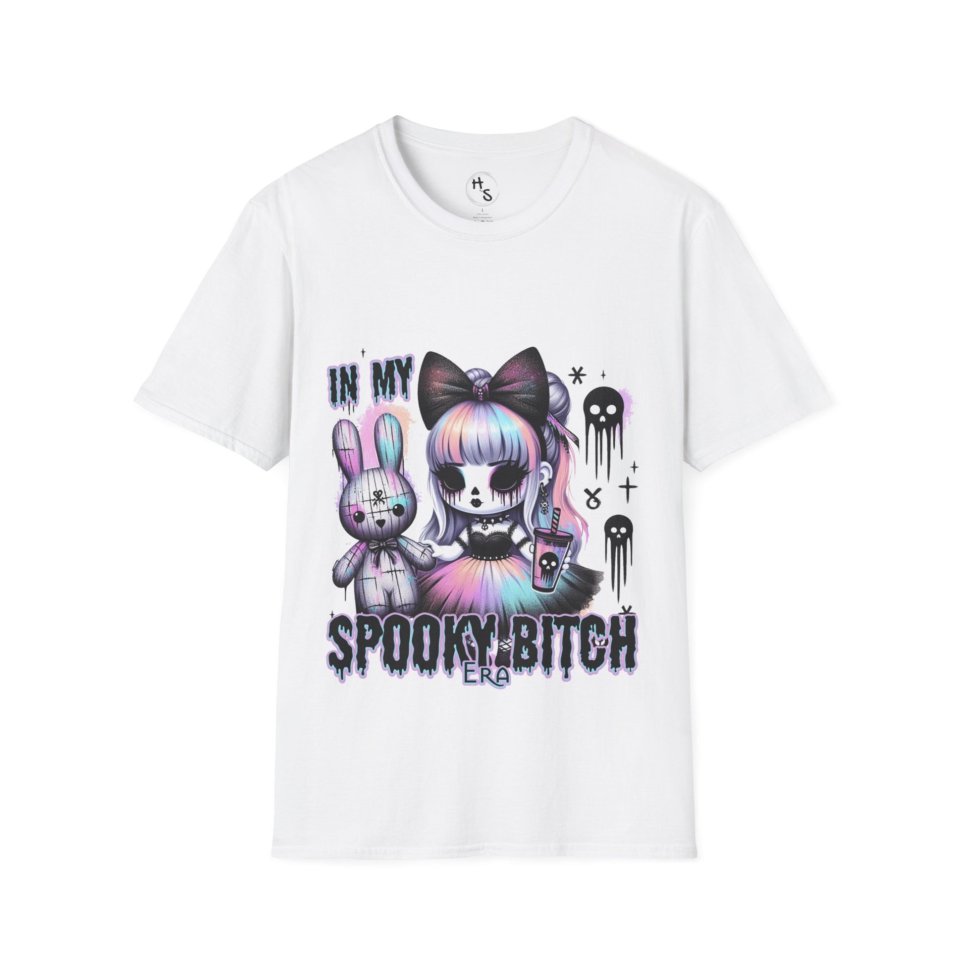 White t-shirt with a halloweem graphic design featuring a character and text on a white background