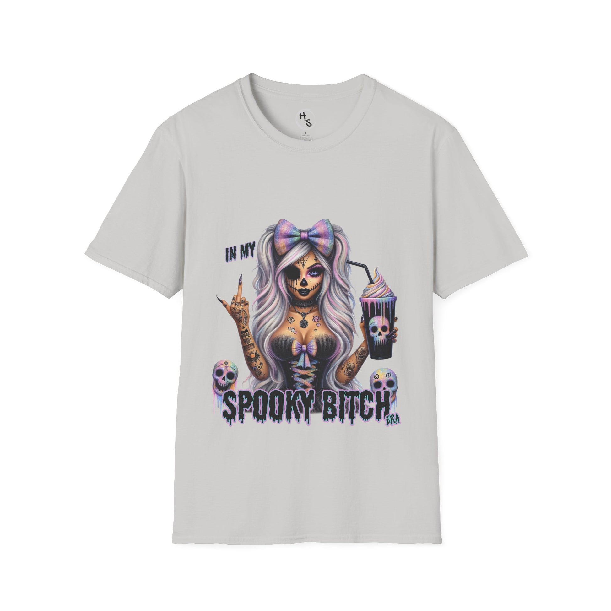 Gray t-shirt with a graphic design of a skeleton woman and text on a white background