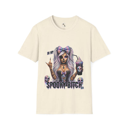 Beige t-shirt with a graphic design of a skeleton woman and text on a white background