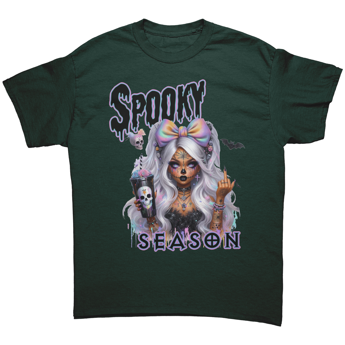 Spooky_Chick_T-Shirt_Forest_Green_Mockup.png