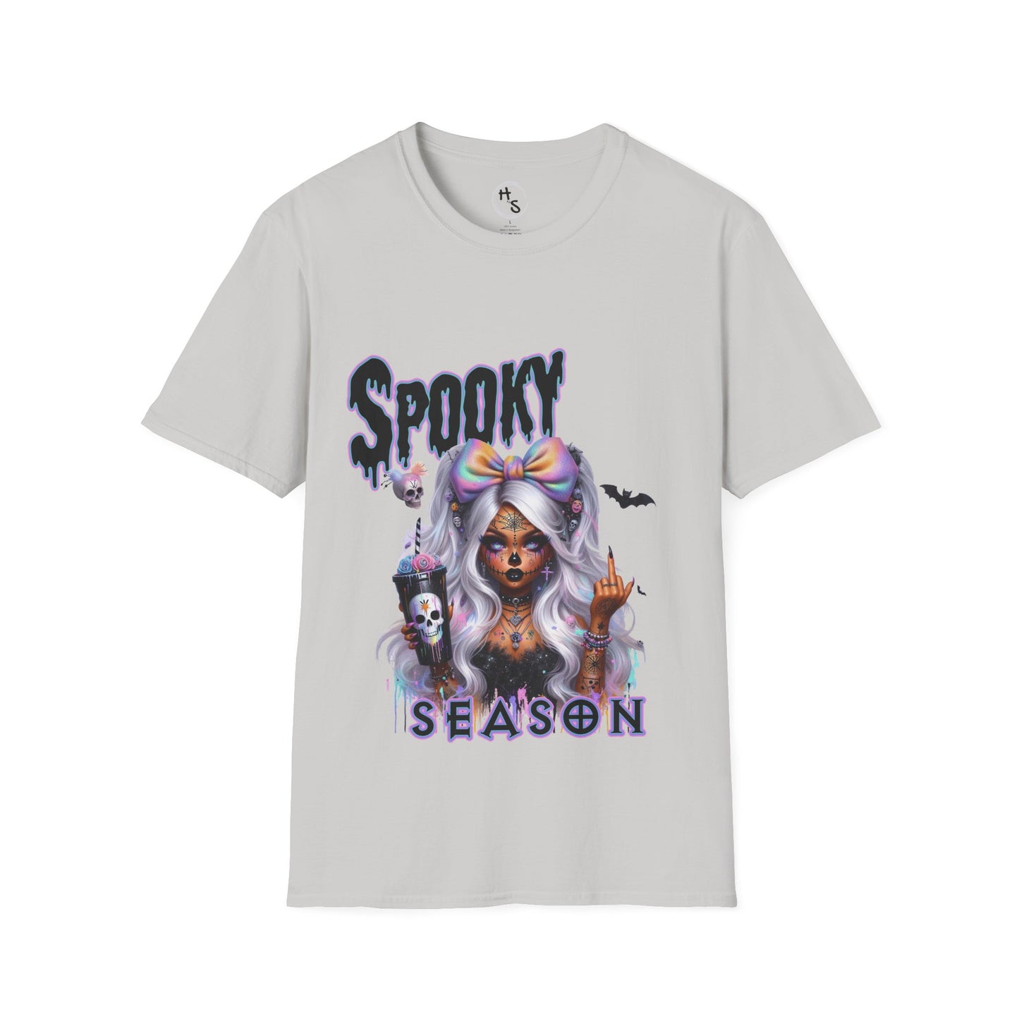 Gray t-shirt with Halloween-themed design featuring a colorful graphic and 'Spooky Season' text on a white background.