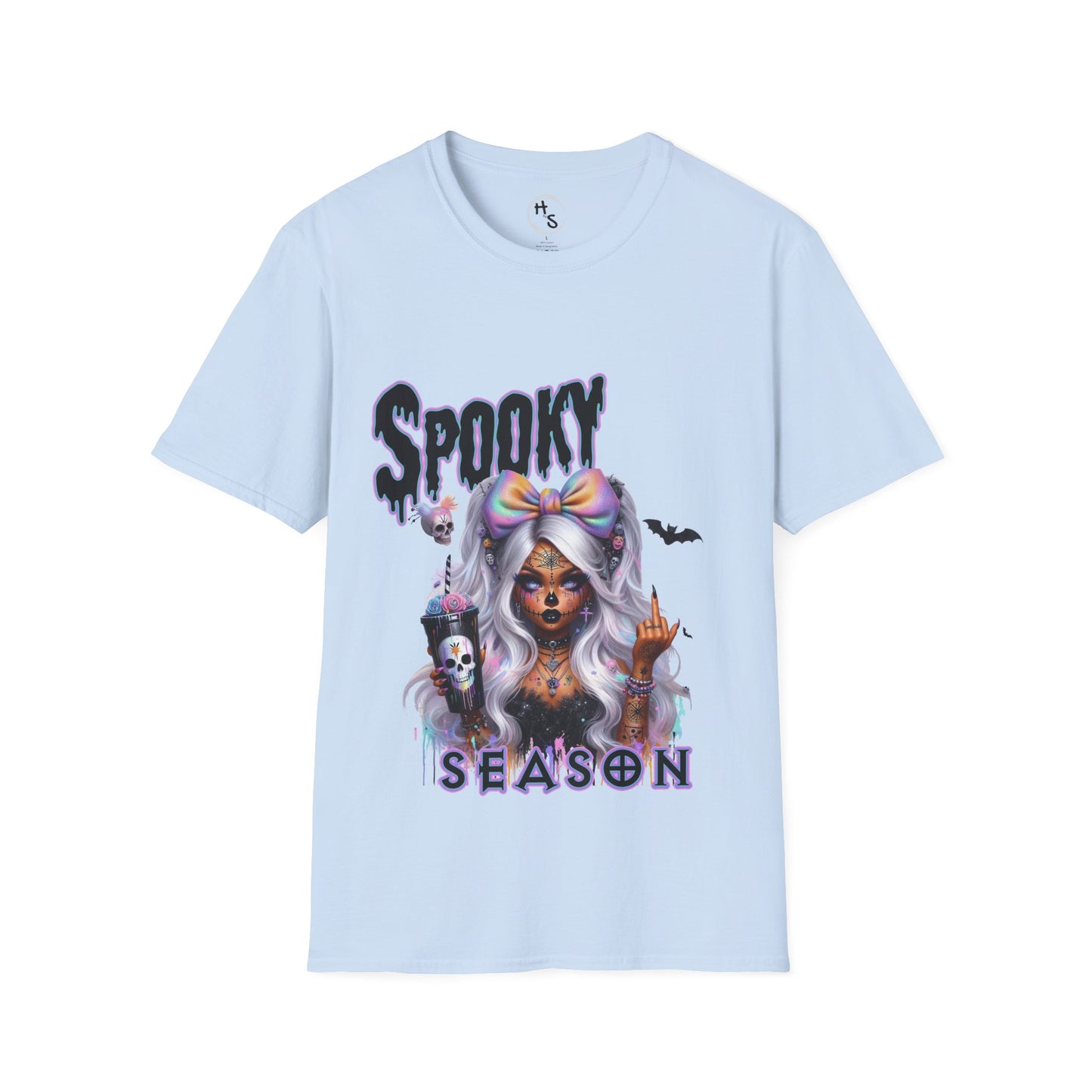 Light blue t-shirt with Halloween-themed design featuring a skeleton wearing a bow and text 'Spooky Season' on a white background.