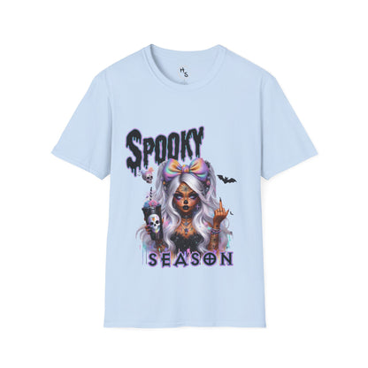 Light blue t-shirt with Halloween-themed design featuring a skeleton wearing a bow and text 'Spooky Season' on a white background.