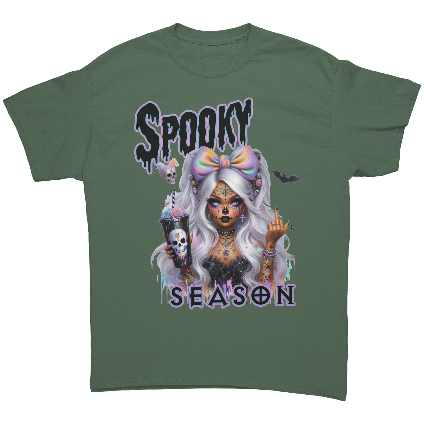 Spooky_Chick_T-Shirt_Military_Green_Front_Mockup.png