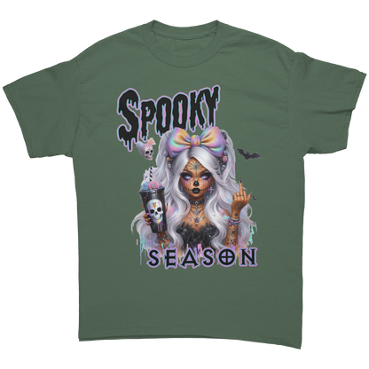 Spooky_Chick_T-Shirt_Military_Green_Front_Mockup.png