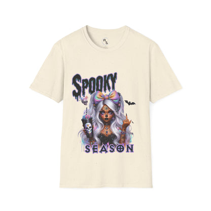 Beige t-shirt with Halloween-themed graphic design on a white background