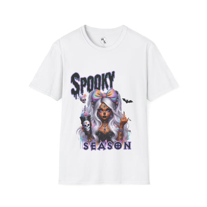 White t-shirt with Halloween-themed design featuring a skeleton wearing a bow and text 'Spooky Season' on a white background.
