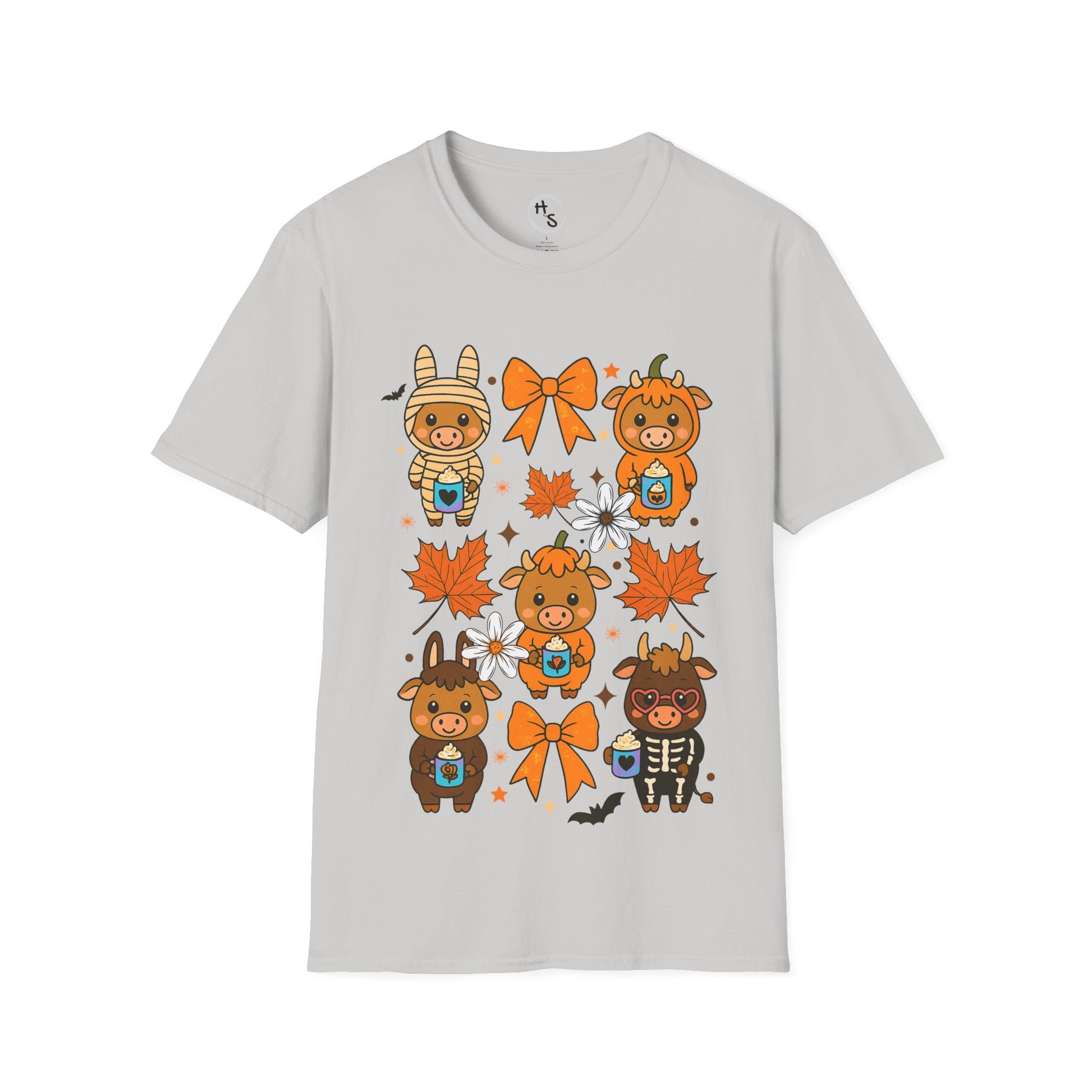 Gray t-shirt with Halloween-themed design featuring cartoon pumpkins and leaves on a white background.