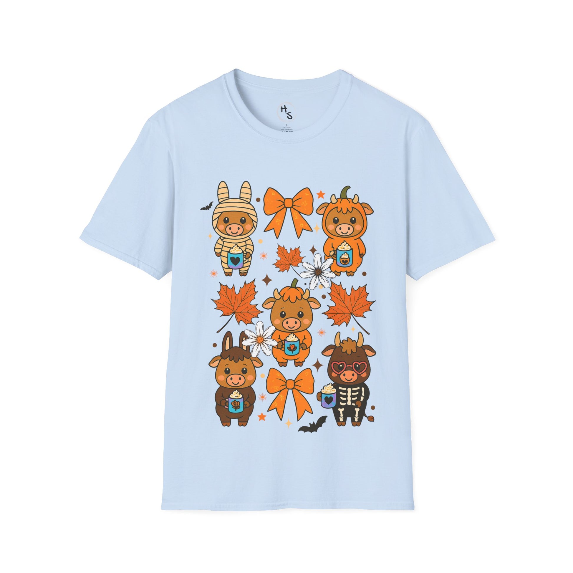 Light blue t-shirt with cartoon animal graphics and autumn elements on a white background