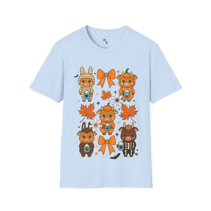 Light blue t-shirt with cartoon animal graphics and autumn elements on a white background