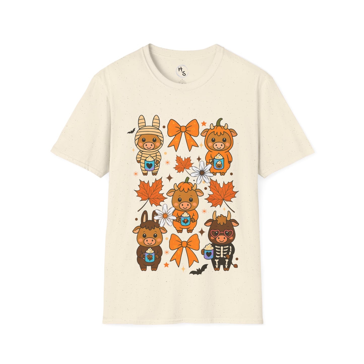 Beige t-shirt with cartoon animal characters and autumn elements on a white background