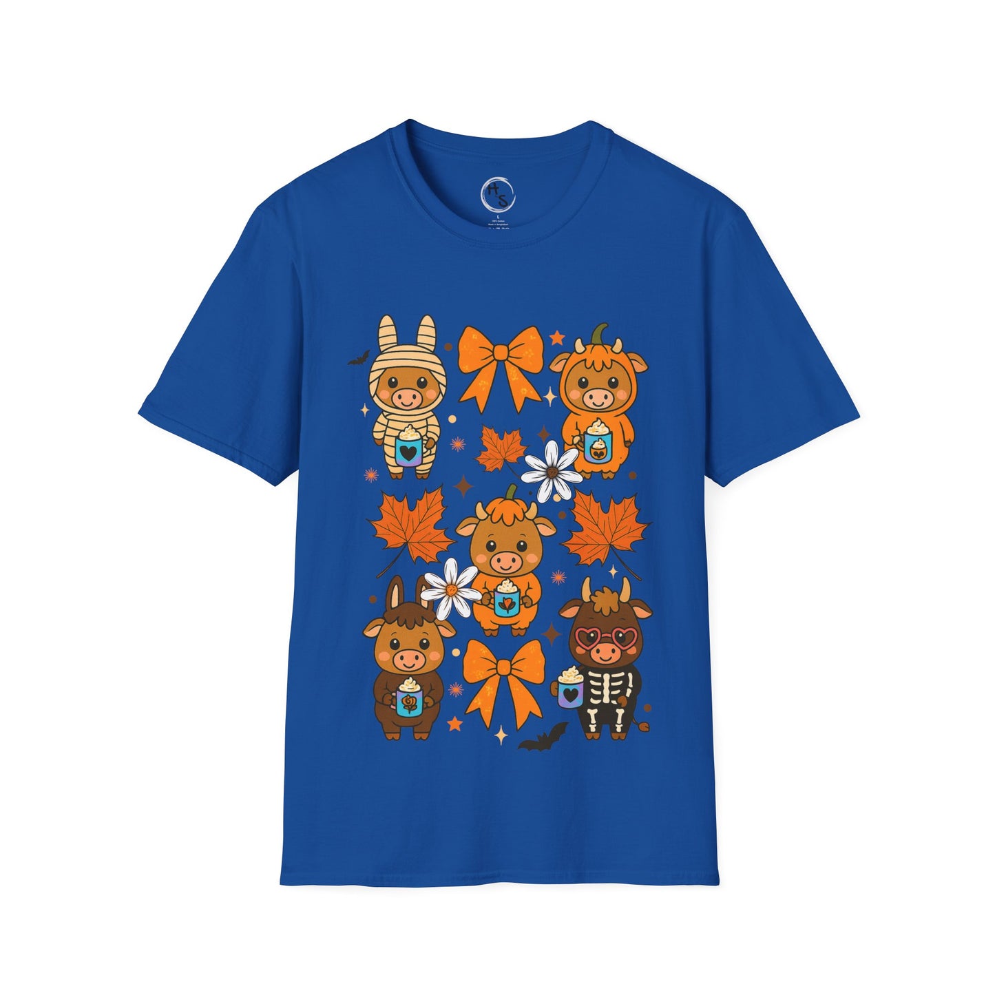Blue t-shirt with cartoon cow design on a white background