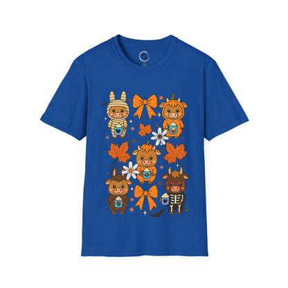 Blue t-shirt with cartoon cow design on a white background