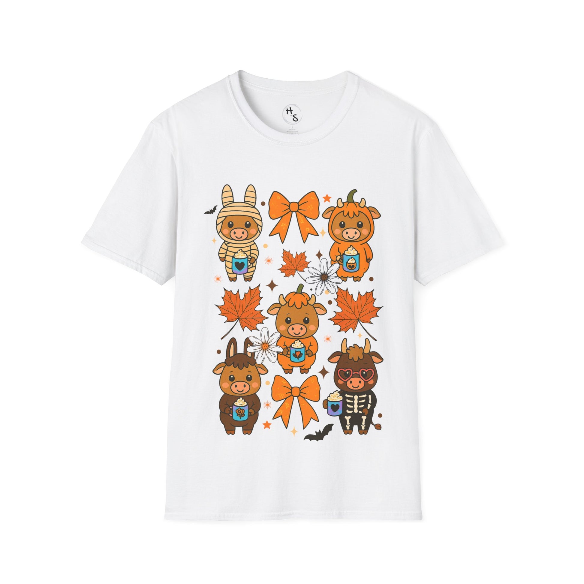 White t-shirt with Halloween-themed design featuring pumpkins and leaves on a white background