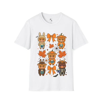 White t-shirt with Halloween-themed design featuring pumpkins and leaves on a white background