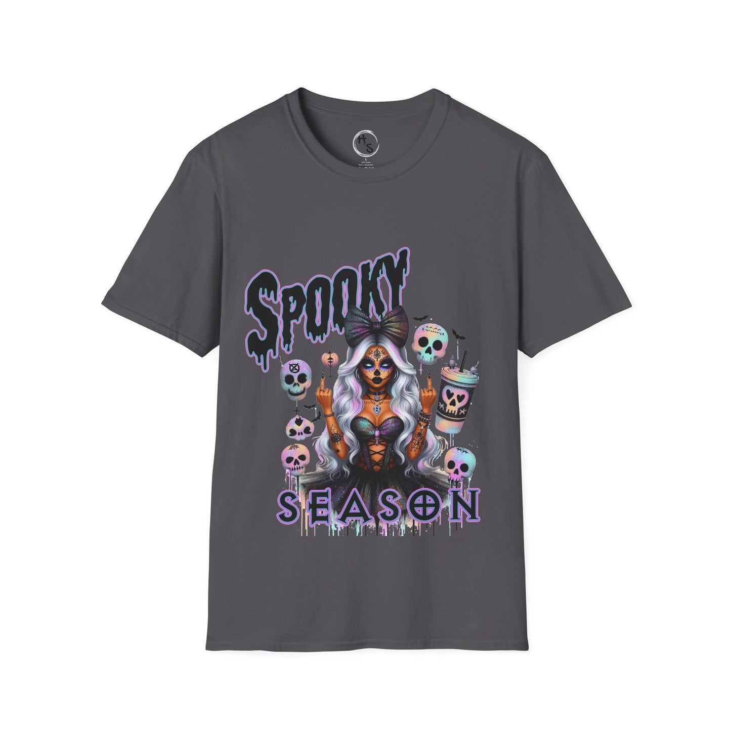 Gray t-shirt with 'Spooky Season' graphic design featuring a skeleton and colorful elements on a white background.