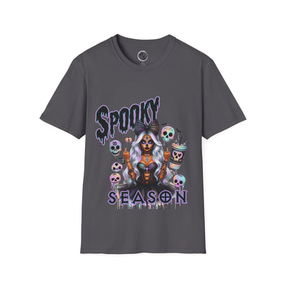 Gray t-shirt with 'Spooky Season' graphic design featuring a skeleton and colorful elements on a white background.