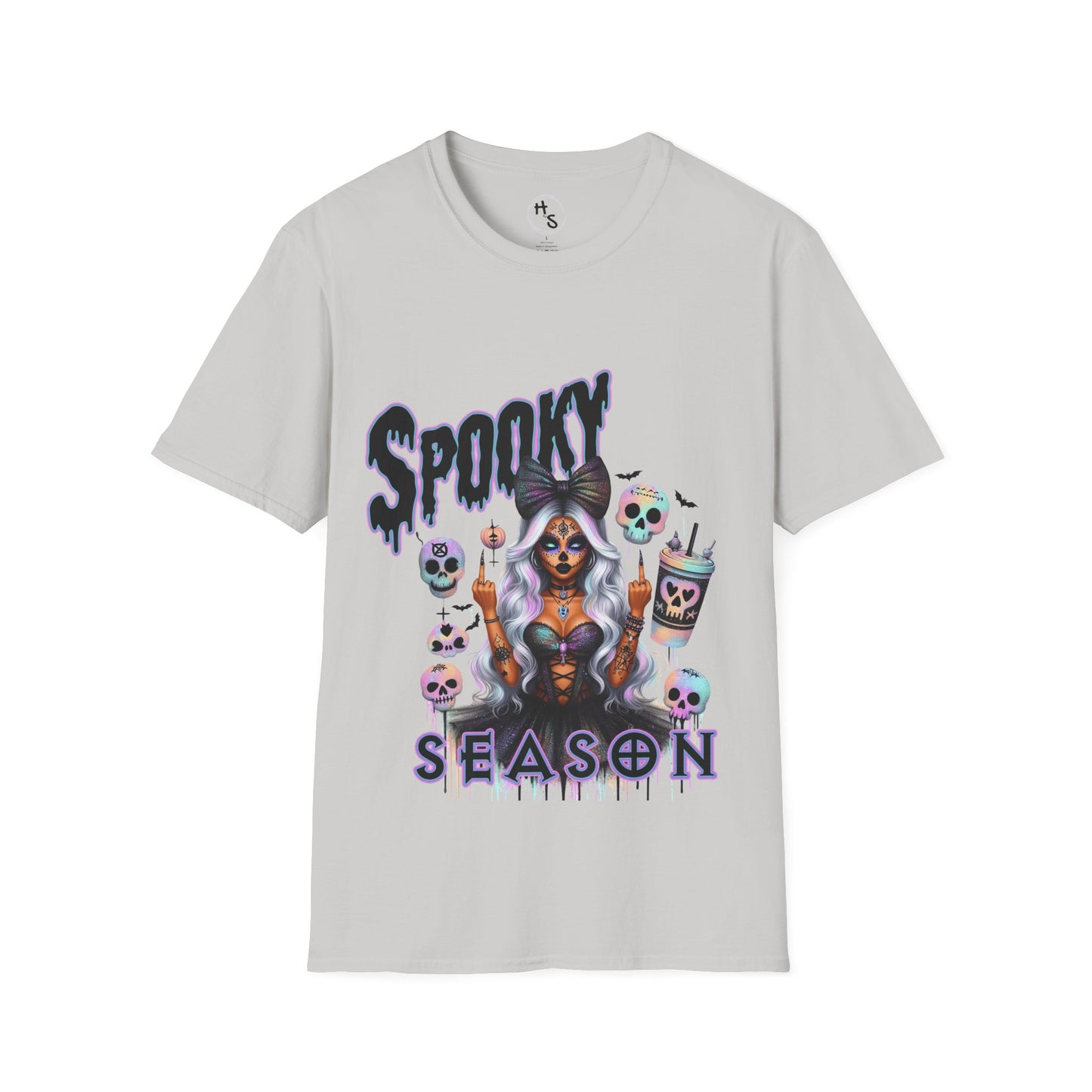 Gray t-shirt with 'Spooky Season' graphic design featuring a skeleton woman and Halloween elements on a white background.
